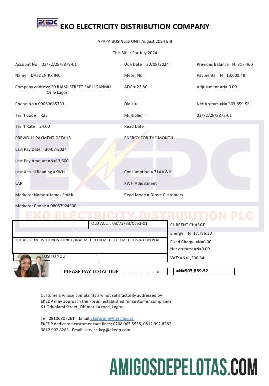 imprimível Modelo de conta de serviços públicos da Nigeria Eko Electricity Distribution Company (EKEDC) em formatos Word e PDF
